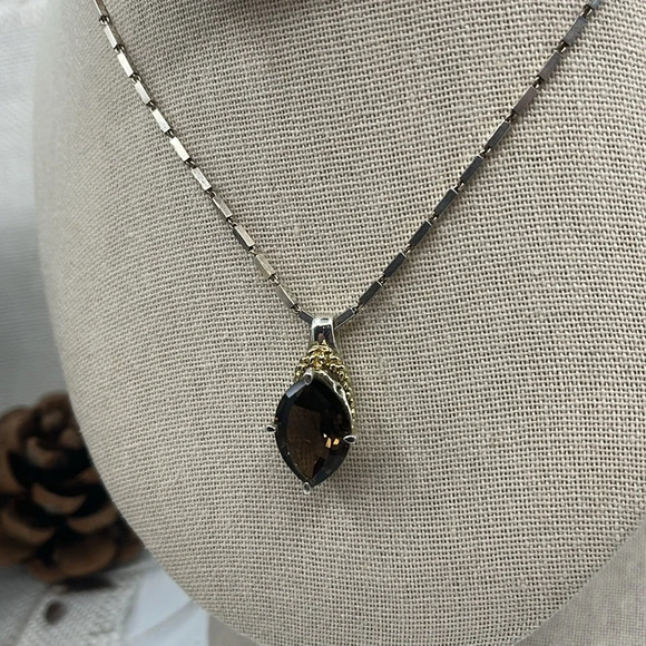🖤 Silver and Gold Vintage Smoky Quartz Pendant Necklace 16" - Picture 3 of 15